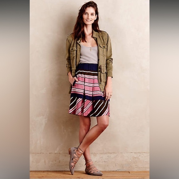 Maeve Anthropologie Pink Striped Tiered Peplum Pleated Boho Skirt Size 6 - Picture 1 of 8